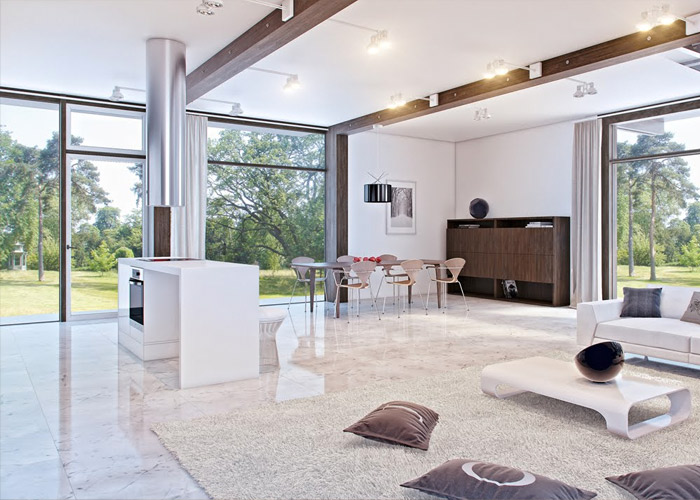 Sala moderna con piso de piedra clara pulida